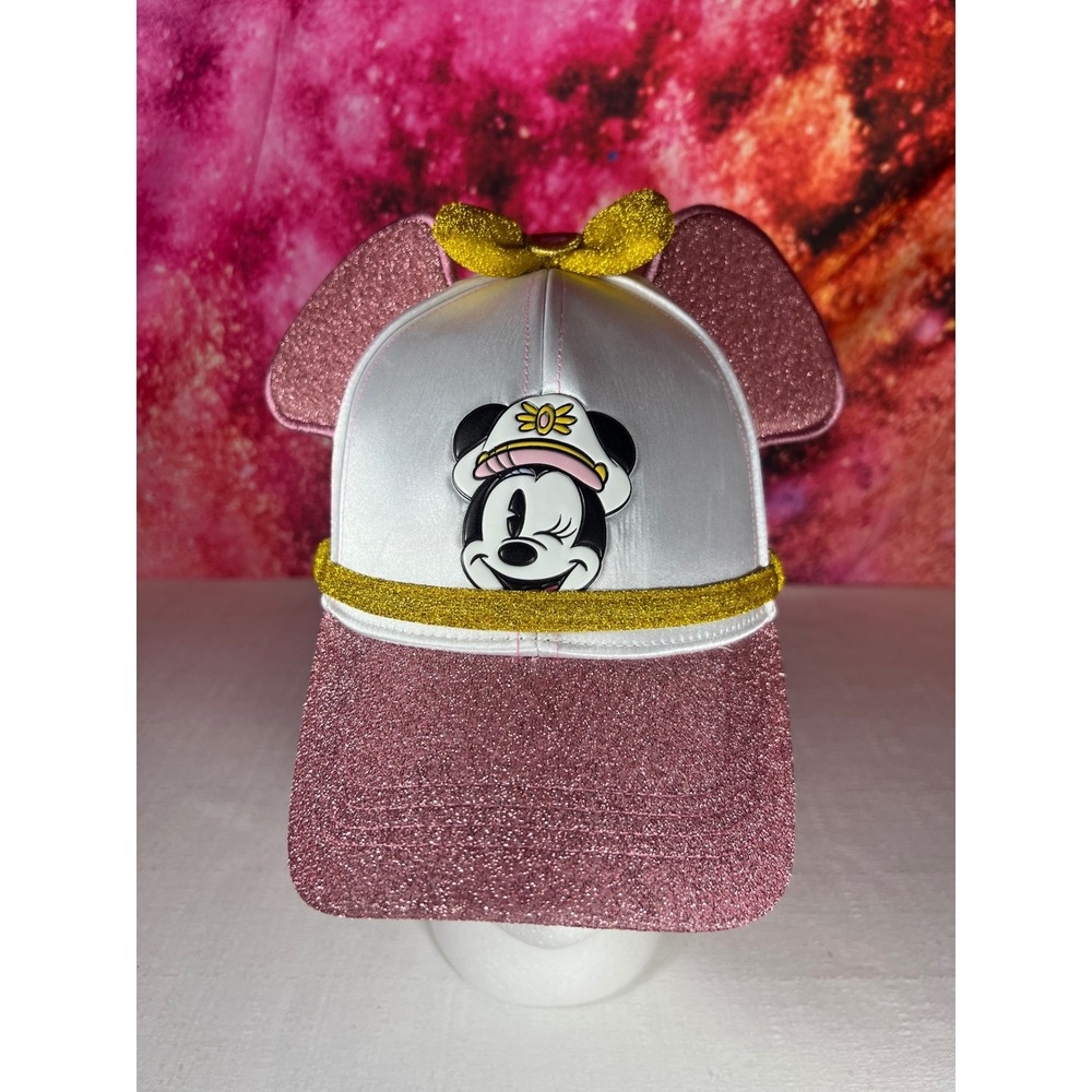 Disney Cruise Line Minnie Mouse Pink White Glitter Ears Captain Hat Baseball Cap